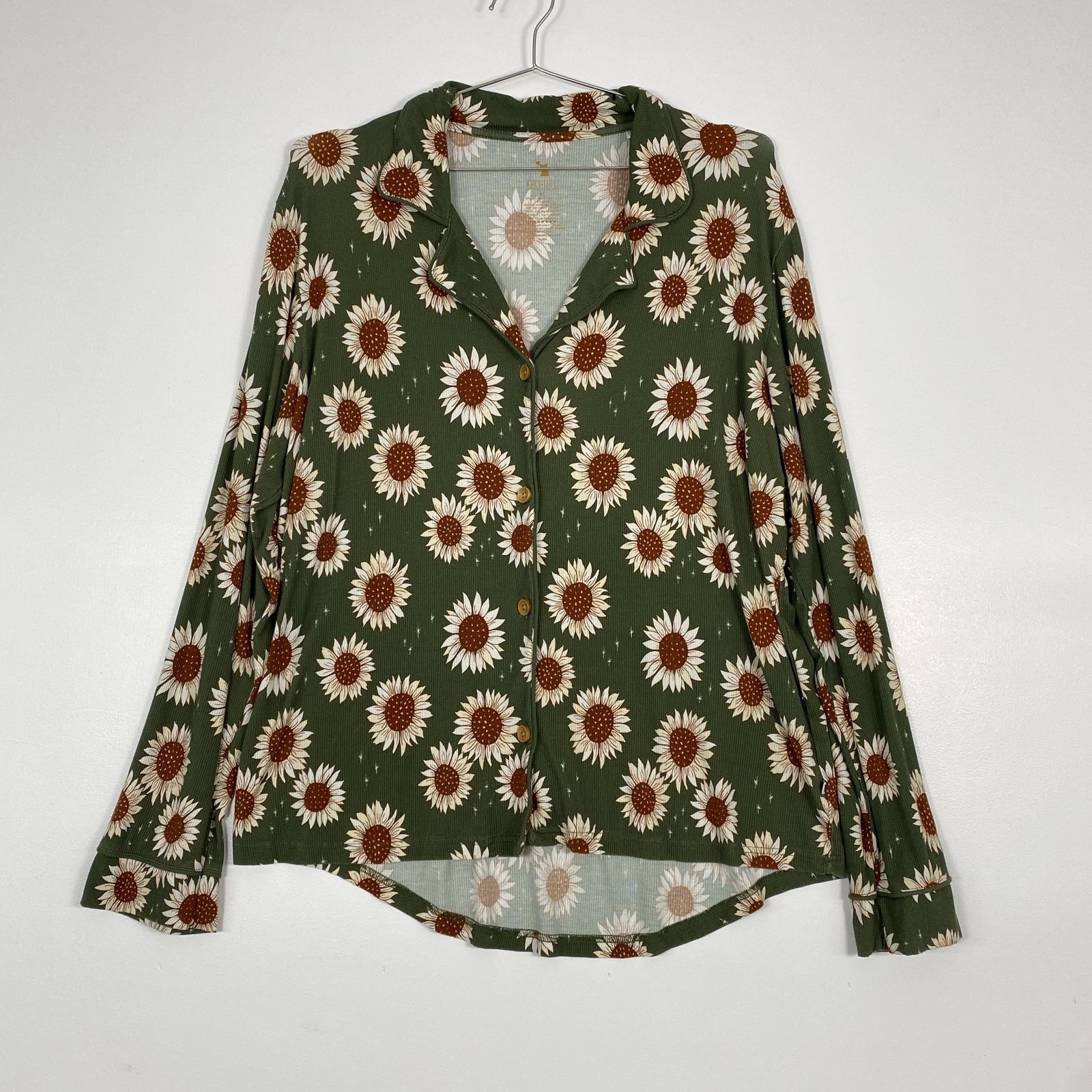 Kiki+Lulu Pajama Top Womens Xl Green Sunflower Print Bamboo Button Up Lounge